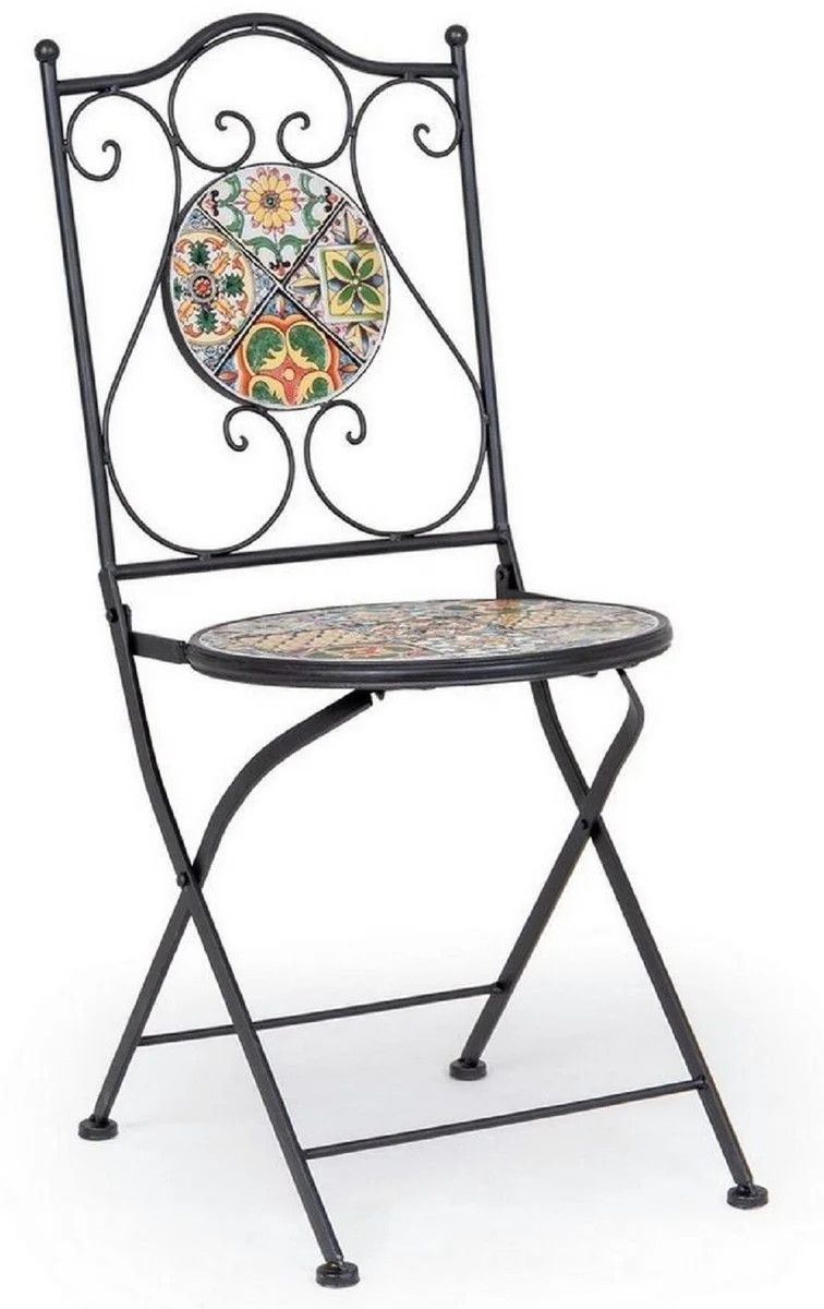 Casa Padrino Jugendstil Gartenstuhl 4er Set Schwarz / Mehrfarbig 39 x 47 x H. 92 cm - Klappbare Stühle mit Keramik Platten - Nostalgische Garten & Gastronomie Möbel