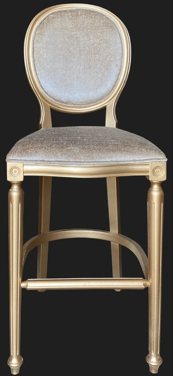 Casa Padrino Barock Barstuhl Gold / Gold - Handgefertigter Massivholz Antik Stil Barhocker mit Samtstoff - Barock Barmöbel