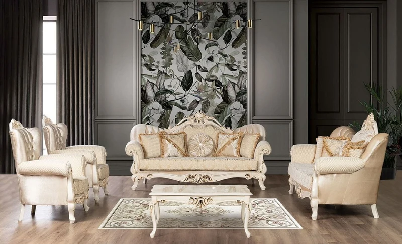 Casa Padrino Luxus Barock Sofa Gold / Creme / Gold - Prunkvolles Wohnzimmer Sofa mit Muster - Barock Wohnzimmer Möbel - Edel & Prunkvoll