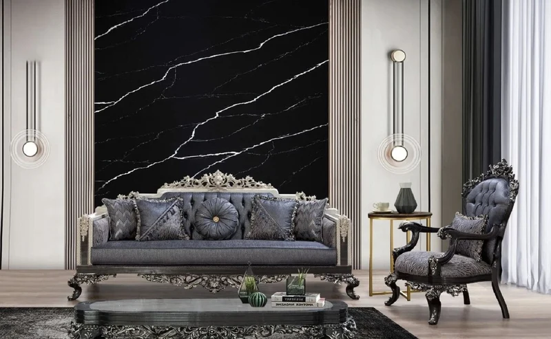 Casa Padrino Luxus Barock Sessel Blau / Grau / Schwarz / Silber - Prunkvoller Wohnzimmer Sessel mit elegantem Muster - Barock Wohnzimmer & Hotel Möbel - Edel & Prunkvoll