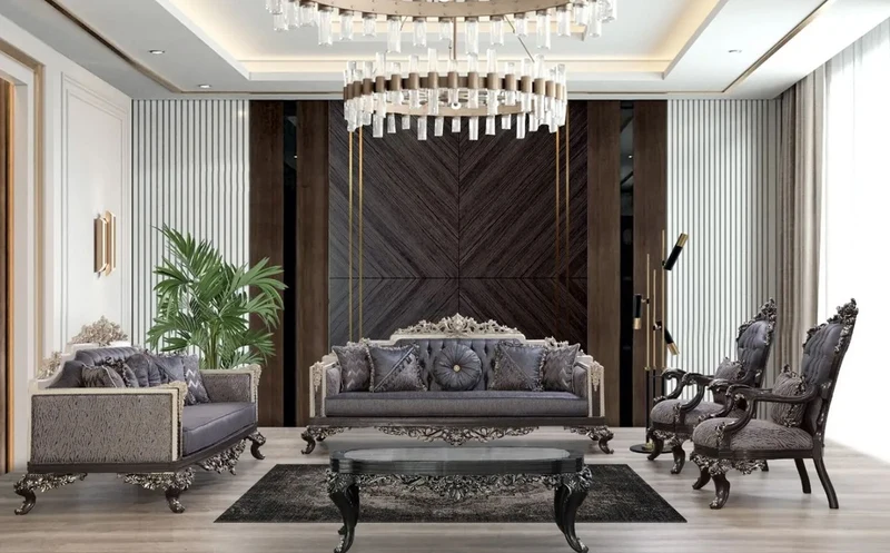 Casa Padrino Luxus Barock Sessel Blau / Grau / Schwarz / Silber - Prunkvoller Wohnzimmer Sessel mit elegantem Muster - Barock Wohnzimmer & Hotel Möbel - Edel & Prunkvoll