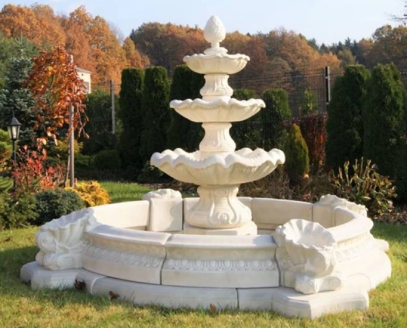 Casa Padrino Barock Garten Deko Springbrunnen Weiß Ø 270 x H. 172 cm - Prunkvoller Gartenbrunnen im Barockstil - Stein Brunnen mit Umrandung - Barock Garten & Terrassen Deko Accessoires
