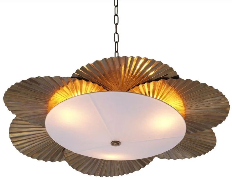 Casa Padrino Luxus Kronleuchter Palmenblätter Vintage Messing / Weiß Ø 95 x H. 18 cm - Hotel & Restaurant Kronleuchter - Luxus Kollektion