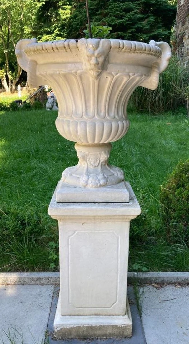 Casa Padrino Barock Blumentopf mit Säule Weiß Ø 73 x H. 141 cm - Prunkvoller Pflanzentopf mit Gartensäule im Barockstil - Barock Garten Deko Accessoires