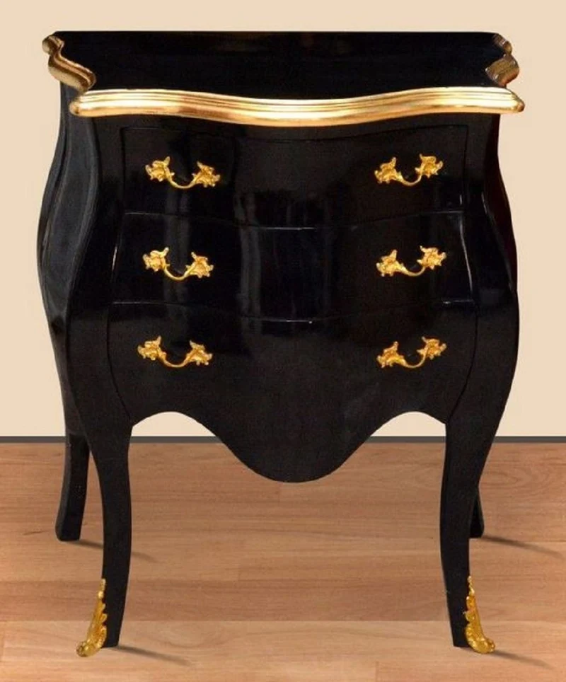 Casa Padrino Barock Nachtkommode Schwarz / Gold - Handgefertigte Massivholz Kommode im Barockstil - Antik Stil Nachttisch mit 3 Schubladen - Barock Möbel