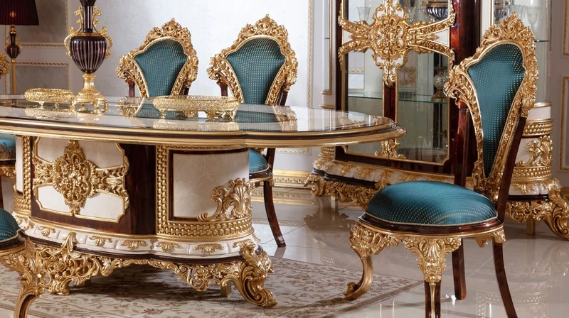 Casa Padrino Luxus Barock Esszimmer Set Weiß / Braun / Blau / Gold - 1 Barock Esstisch & 6 Barock Esszimmerstühle - Barock Esszimmer Möbel - Edel & Prunkvoll