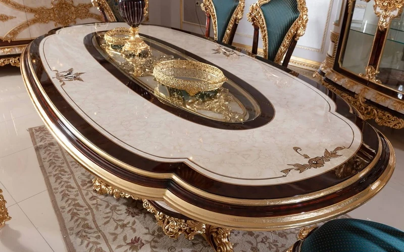 Casa Padrino Luxus Barock Esszimmer Set Weiß / Braun / Blau / Gold - 1 Barock Esstisch & 6 Barock Esszimmerstühle - Barock Esszimmer Möbel - Edel & Prunkvoll