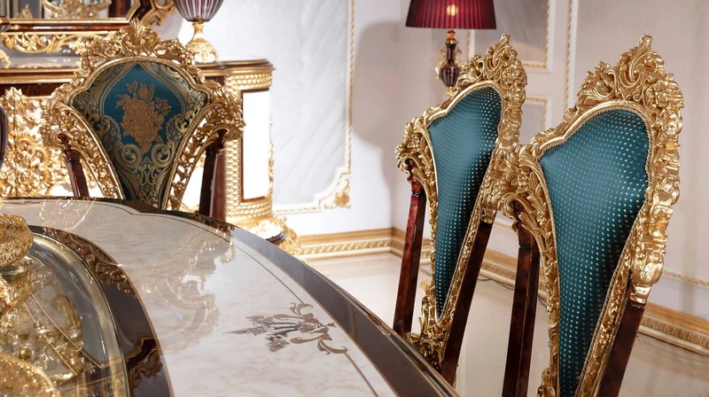 Casa Padrino Luxus Barock Esszimmer Set Weiß / Braun / Blau / Gold - 1 Barock Esstisch & 6 Barock Esszimmerstühle - Barock Esszimmer Möbel - Edel & Prunkvoll