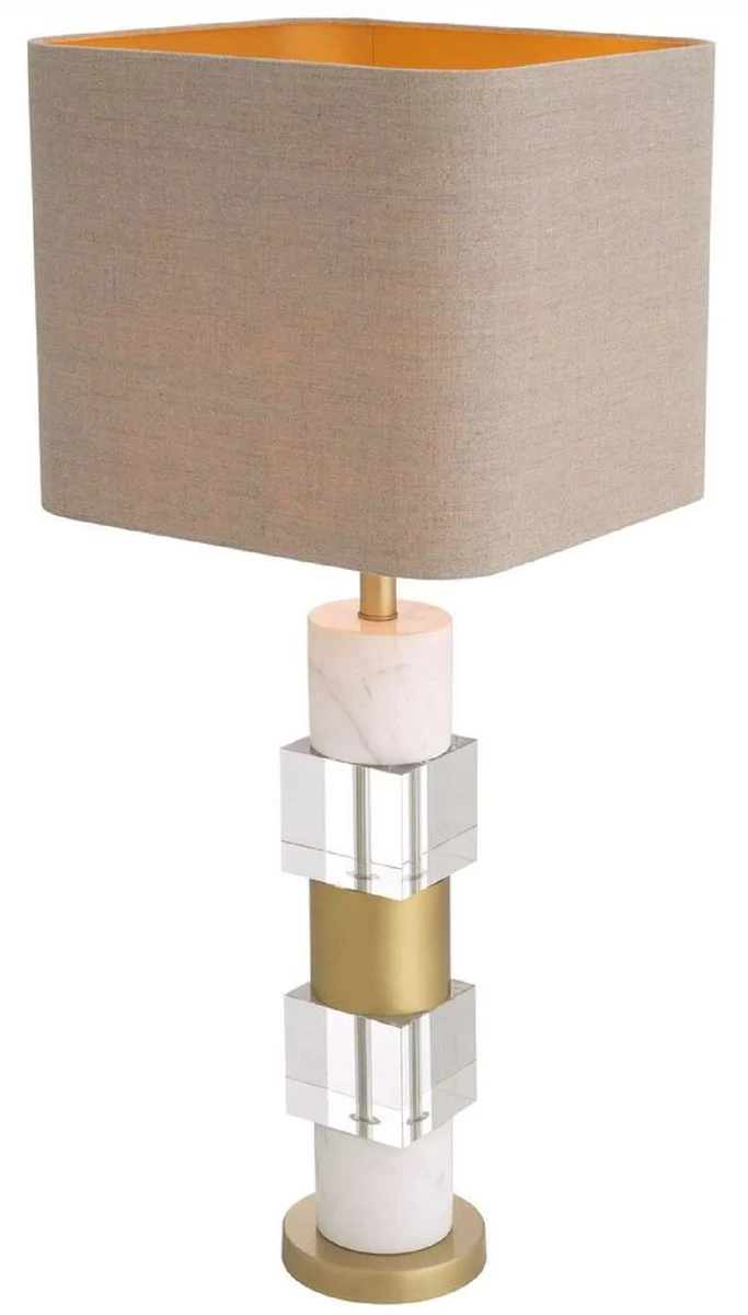 Casa Padrino Luxus Tischleuchte Antik Messingfarben / Weiß / Beige 35 x 35 x H. 87 cm - Schreibtischleuchte mit Marmor und Kristallglas - Luxus Qualität