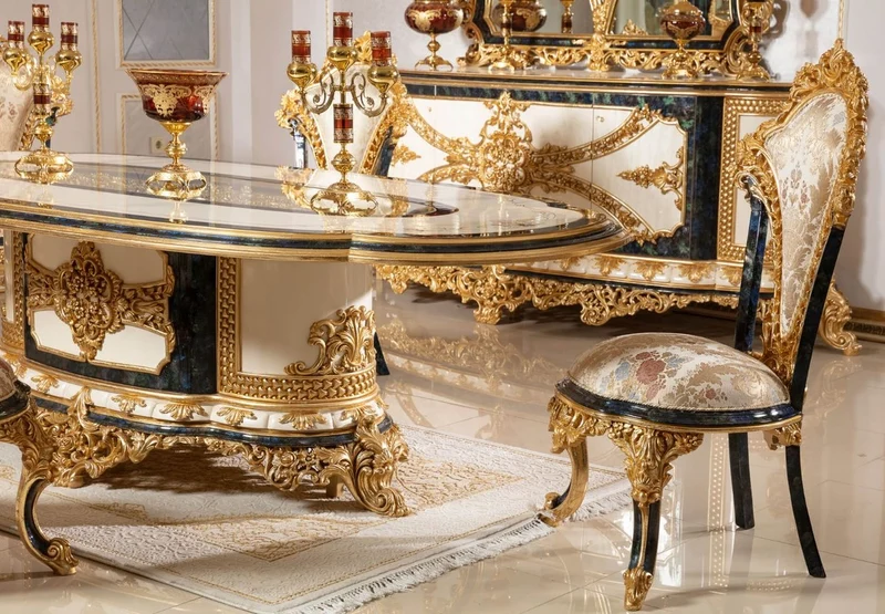 Casa Padrino Luxus Barock Esszimmerstuhl Set Mehrfarbig / Blau / Gold - Handgefertigtes Küchen Stühle 6er Set mit elegantem Muster - Barock Esszimmer Möbel - Edel & Prunkvoll