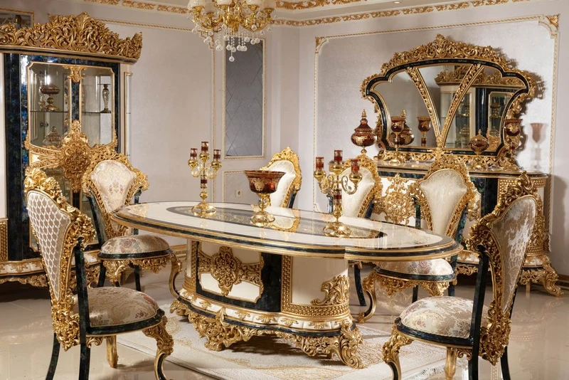 Casa Padrino Luxus Barock Esszimmerstuhl Set Mehrfarbig / Blau / Gold - Handgefertigtes Küchen Stühle 6er Set mit elegantem Muster - Barock Esszimmer Möbel - Edel & Prunkvoll