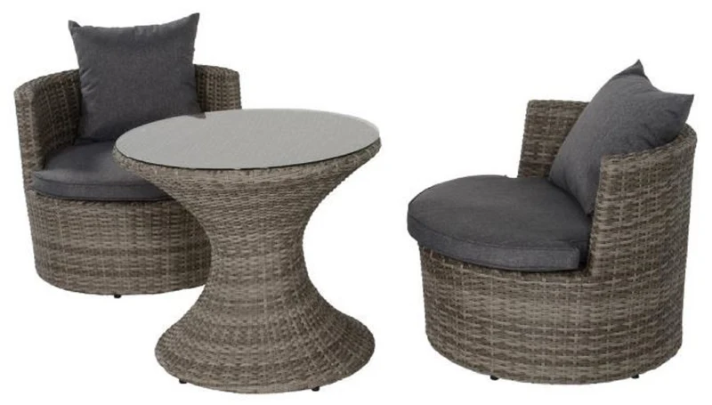 Casa Padrino Luxus Gartenmöbel Set Dunkelgrau / Grau - 1 Runder Gartentisch mit Glasplatte & 2 runde Gartensessel mit Kissen - Moderne Garten & Terrassen Möbel