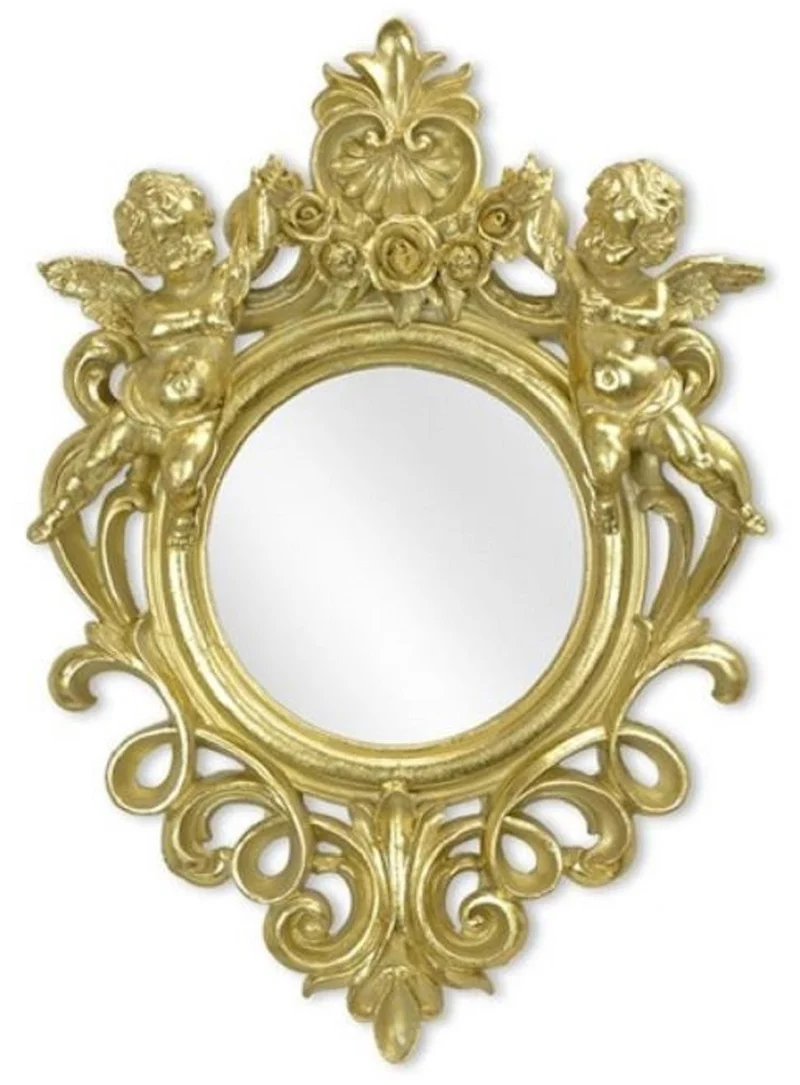 Casa Padrino Barock Spiegel Gold 35,8 x H. 51 cm - Antik Stil Wandspiegel mit dekorativen Engelsfiguren - Wohnzimmer Spiegel - Garderoben Spiegel - Barock Möbel