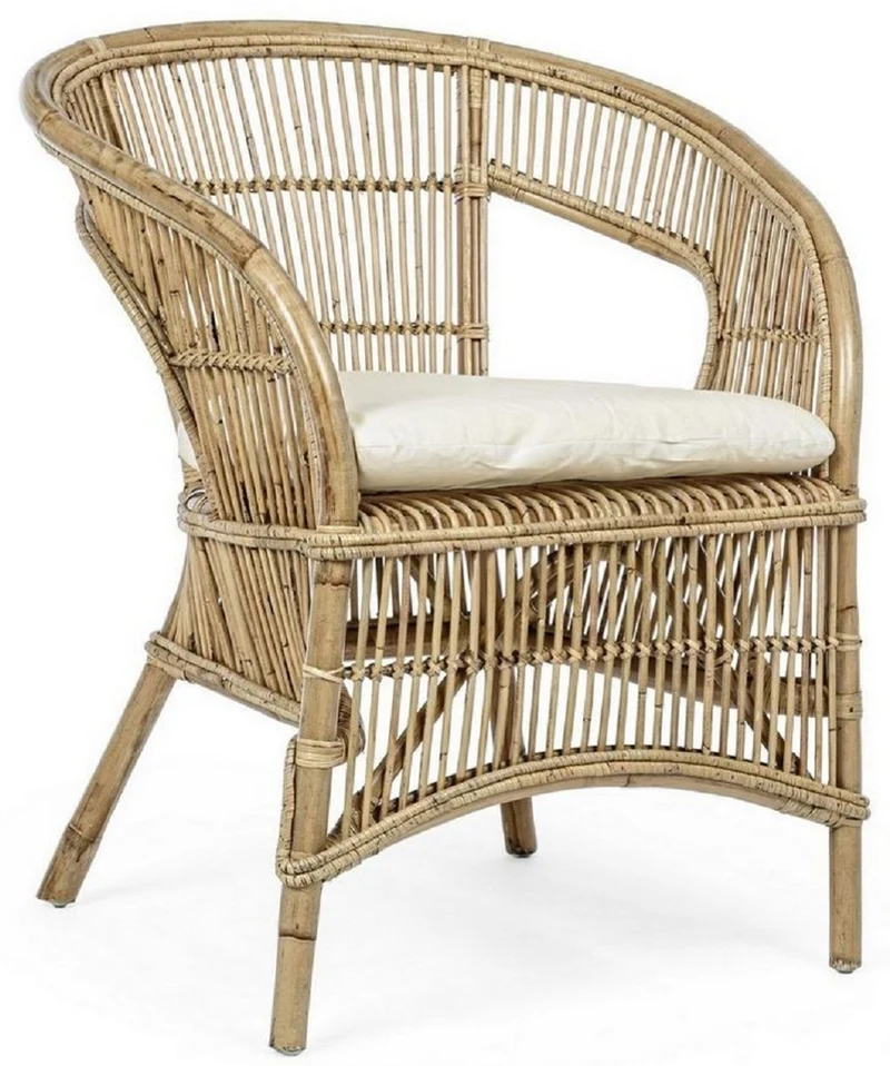 Casa Padrino Luxus Gartensessel Naturfarben / Weiß 68 x 65 x H. 82 cm - Rattan Garten & Terrassen Sessel mit Sitzkissen - Garten & Terrassen Möbel - Luxus Qualität