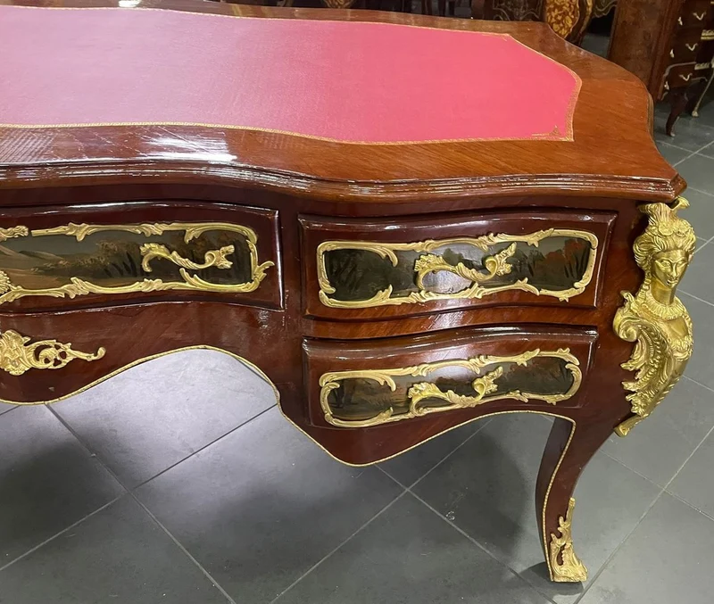 Casa Padrino Barock Massivholz Schreibtisch Braun / Mehrfarbig / Gold / Bordeaux - Prunkvoller Bürotisch im Barockstil - Handgefertigte Barock Büro Möbel
