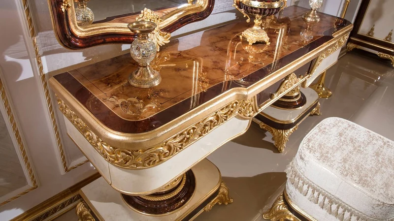 Casa Padrino Luxus Barock Schlafzimmer Set Braun / Weiß / Gold - 1 Barock Schminkkommode & 2 Barock Spiegel & 1 Barock Hocker - Barock Schlafzimmer Möbel - Edel & Prunkvoll