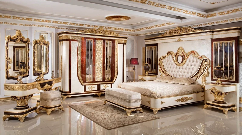 Casa Padrino Luxus Barock Schlafzimmer Set Braun / Weiß / Gold - 1 Barock Schminkkommode & 2 Barock Spiegel & 1 Barock Hocker - Barock Schlafzimmer Möbel - Edel & Prunkvoll