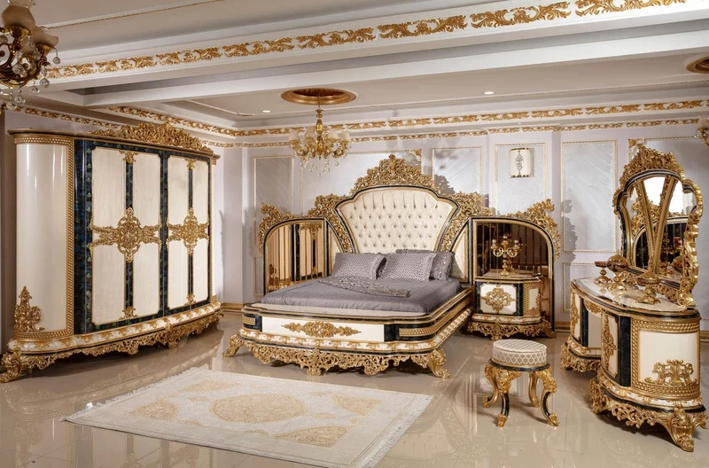 Casa Padrino Luxus Barock Schlafzimmer Set Weiß / Blau / Gold - 1 Barock Schminkkommode mit 5 Schubladen & 1 Barock Spiegel & 1 Barock Hocker - Barock Schlafzimmer Möbel - Edel & Prunkvoll