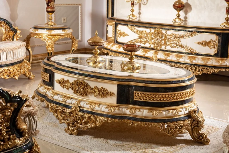 Casa Padrino Luxus Barock Couchtisch Weiß / Blau / Gold - Prunkvoller Massivholz Wohnzimmertisch mit Glasplatte - Barock Wohnzimmer Möbel - Edel & Prunkvoll