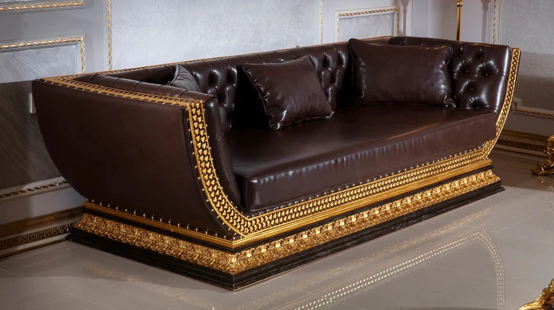 Casa Padrino Luxus Barock Chesterfield Sofa Dunkelbraun / Gold - Prunkvolles Wohnzimmer Sofa mit edlem Kunstleder - Barock Chesterfield Wohnzimmer Möbel