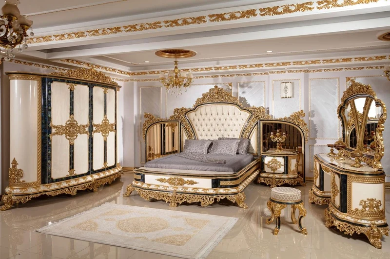 Casa Padrino Luxus Barock Doppelbett Gold / Weiß / Blau / Gold - Prunkvolles Massivholz Bett mit verspiegeltem Kopfteil - Schlafzimmer Möbel im Barockstil - Edel & Prunkvoll