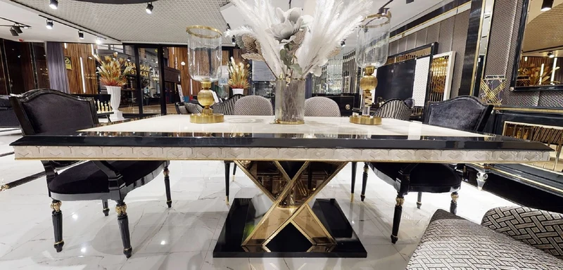 Casa Padrino Luxus Art Deco Esstisch Weiß / Schwarz / Gold - Art Deco Esszimmer Tisch - Art Deco Esszimmer Möbel - Luxus Qualität