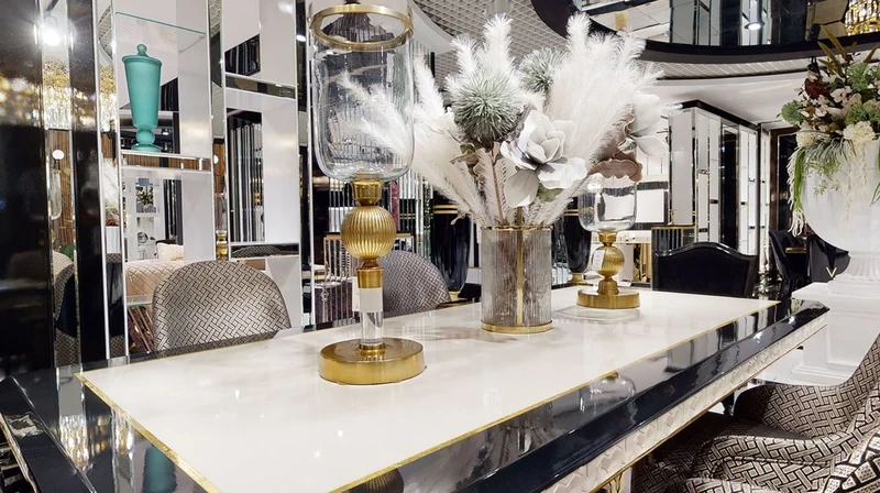 Casa Padrino Luxus Art Deco Esstisch Weiß / Schwarz / Gold - Art Deco Esszimmer Tisch - Art Deco Esszimmer Möbel - Luxus Qualität