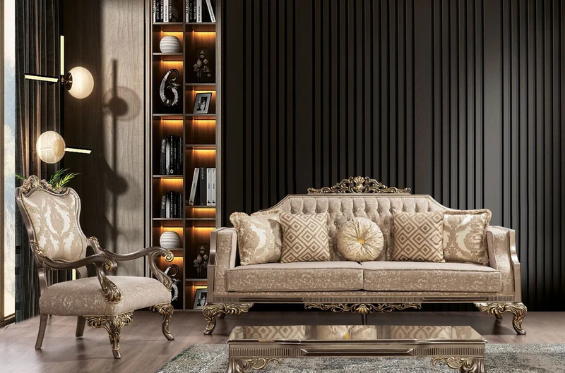 Casa Padrino Luxus Barock Sofa Grau / Beige / Silber / Gold - Prunkvolles Wohnzimmer Sofa mit Muster - Barock Wohnzimmer Möbel - Edel & Prunkvoll