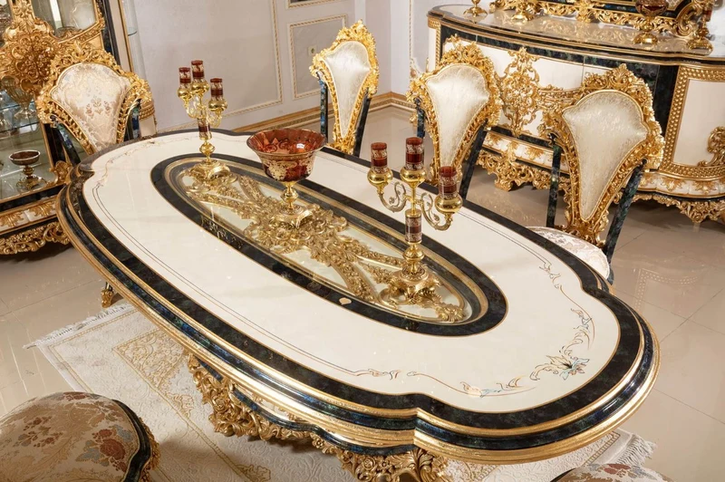 Casa Padrino Luxus Barock Esstisch Weiß / Blau / Gold - Prunkvoller Massivholz Esszimmertisch im Barockstil - Barock Esszimmer Möbel - Edel & Prunkvoll