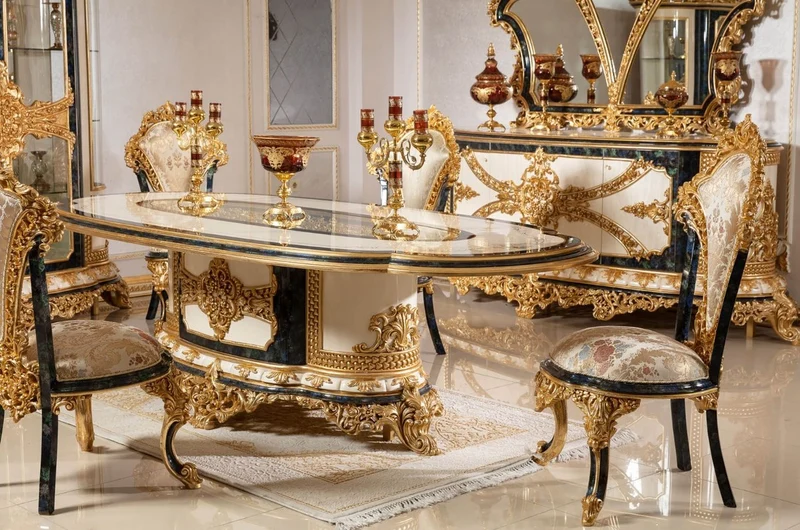 Casa Padrino Luxus Barock Esstisch Weiß / Blau / Gold - Prunkvoller Massivholz Esszimmertisch im Barockstil - Barock Esszimmer Möbel - Edel & Prunkvoll