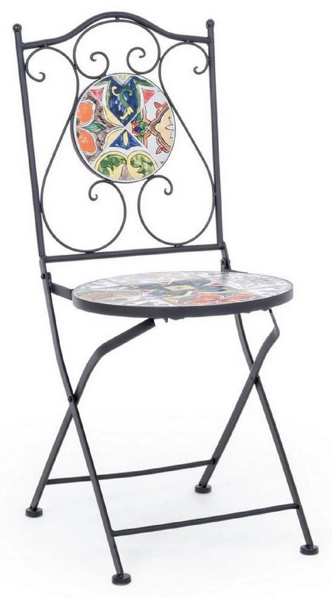 Casa Padrino Jugendstil Gartenstuhl 4er Set Schwarz / Mehrfarbig 39 x 47 x H. 92 cm - Klappbare Stühle mit edlen Keramik Platten - Nostalgische Garten & Gastronomie Möbel