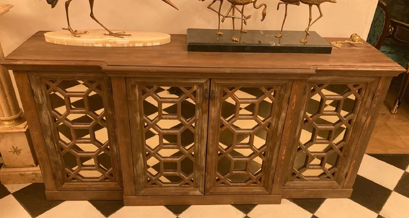 Casa Padrino Landhausstil Sideboard Antik Braun 210 x 50 x H. 100 cm - Massivholz Schrank mit 4 verspiegelten Türen - Landhausstil Möbel