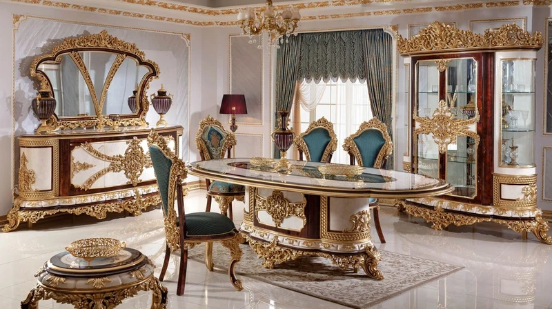 Casa Padrino Luxus Barock Esstisch Weiß / Braun / Gold - Prunkvoller Massivholz Esszimmertisch im Barockstil - Barock Esszimmer Möbel - Edel & Prunkvoll