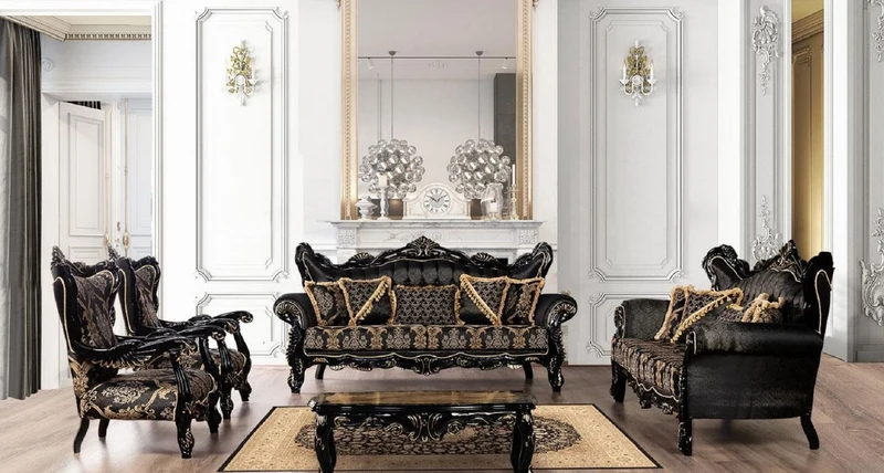 Casa Padrino Luxus Barock Sofa Schwarz / Gold - Prunkvolles Wohnzimmer Sofa mit elegantem Muster - Barock Wohnzimmer Möbel