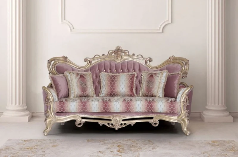 Casa Padrino Luxus Barock Sofa Rosa / Weiß / Gold - Handgefertigtes Barockstil Wohnzimmer Sofa mit elegantem Muster - Barock Wohnzimmer Möbel