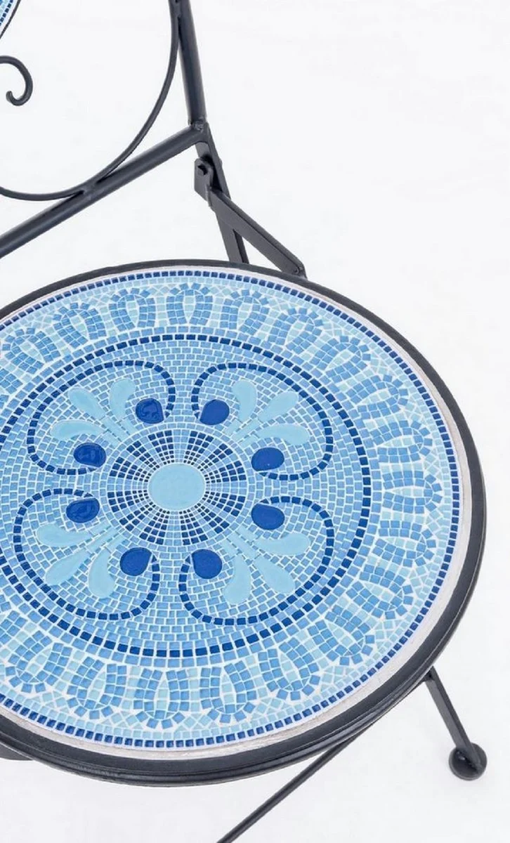 Casa Padrino Jugendstil Gartenstuhl 4er Set Schwarz / Blau / Weiß 39 x 47 x H. 92 cm - Klappbare Stühle mit Keramik Platten - Nostalgische Garten & Gastronomie Möbel