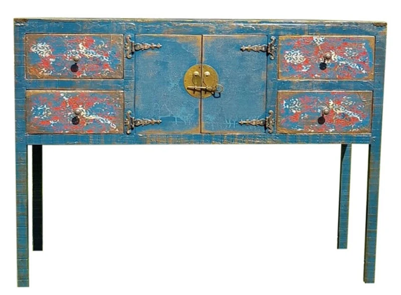 Casa Padrino Luxus Landhausstil Massivholz Kommode mit 2 Türen und 4 Schubladen Antik Blau - Handgefertigte Landhausstil Möbel