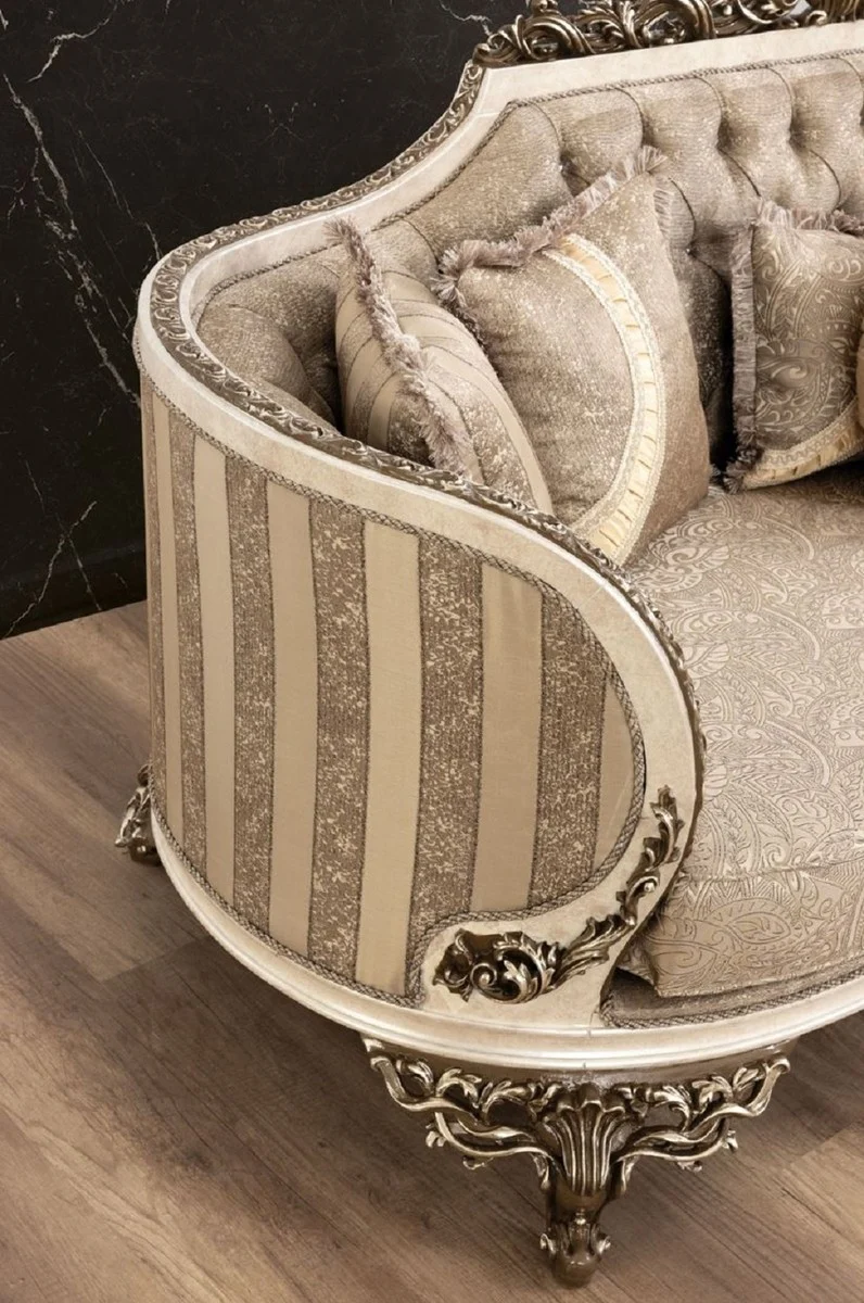 Casa Padrino Luxus Barock Sofa Beige / Cremefarben / Braun / Gold - Prunkvolles Wohnzimmer Sofa mit elegantem Muster - Barock Wohnzimmer Möbel