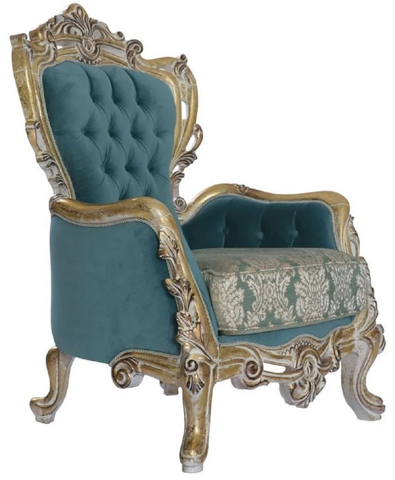 Casa Padrino Luxus Barock Sessel Blau / Gold - Handgefertigter Barockstil Wohnzimmer Sessel mit elegantem Muster - Barock Wohnzimmer Möbel