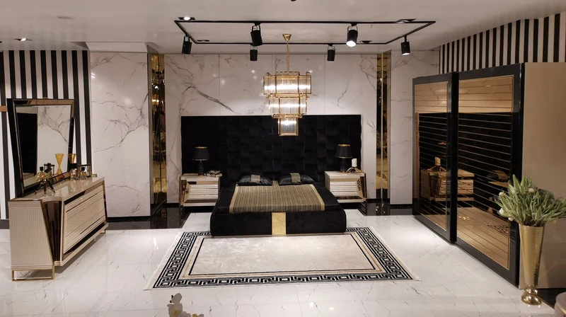 Casa Padrino Luxus Schlafzimmerschrank Beige / Schwarz / Gold - Moderner verspiegelter Kleiderschrank mit 2 Schiebetüren - Luxus Schlafzimmer & Hotel Möbel