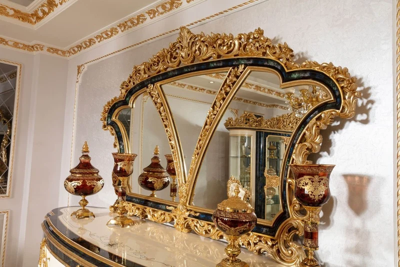 Casa Padrino Luxus Barock Möbel Set Weiß / Blau / Gold - 1 Barock Sideboard & 1 Barock Wandspiegel - Barock Möbel - Edel & Prunkvoll