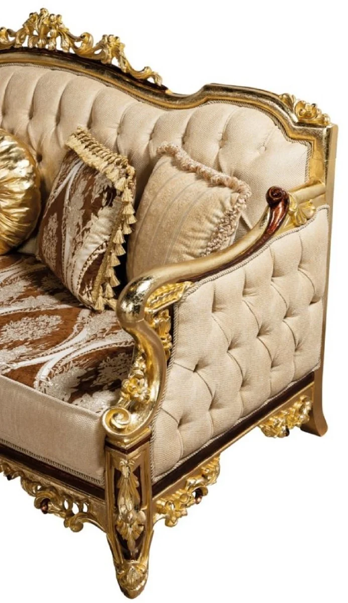 Casa Padrino Luxus Barock Sofa Beige / Braun / Gold - Prunkvolles Wohnzimmer Sofa mit Muster - Barock Wohnzimmer Möbel