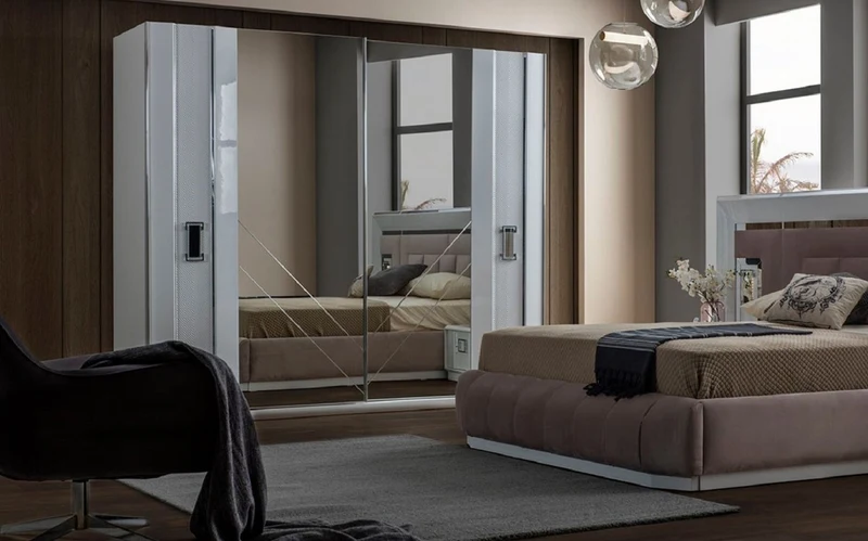 Casa Padrino Luxus Schlafzimmerschrank Weiß 261 x 69 x H. 220 cm - Verspiegelter Massivholz Kleiderschrank - Schlafzimmer Möbel - Luxus Kollektion