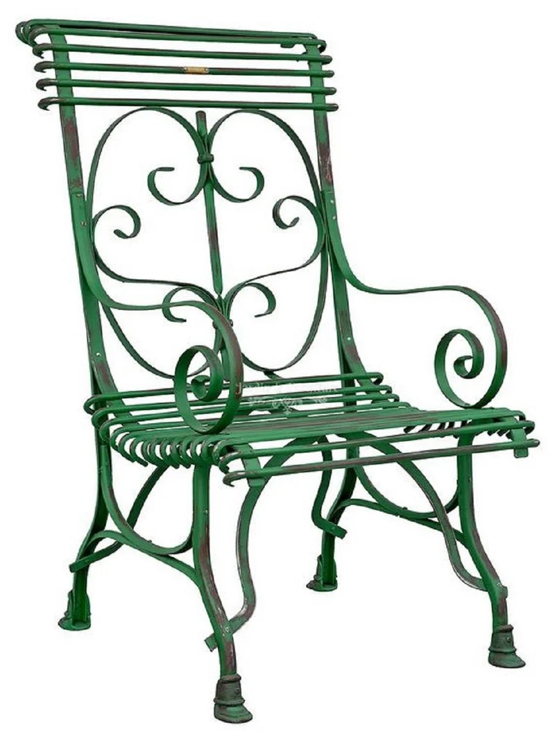 Casa Padrino Jugendstil Gartenstuhl Antik Grün 64 x 66 x H. 114 cm - Handgefertigter Schmiedeeisen Stuhl mit Armlehnen - Nostalgische Garten Möbel