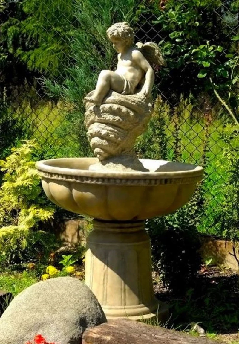 Casa Padrino Jugendstil Springbrunnen Engel Grau Ø 70 x H. 127 cm - Prunkvoller Gartenbrunnen - Gartendeko Brunnen - Barock & Jugendstil Garten Deko Accessoires