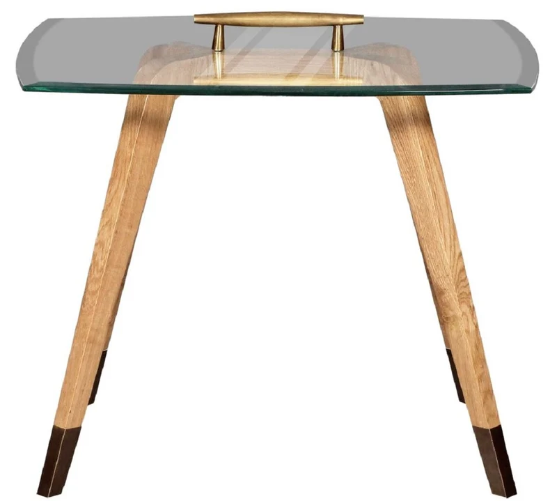 Casa Padrino Luxus Beistelltisch Naturfarben / Braun / Messingfarben 60 x 40 x H. 53 cm - Moderner Tisch mit Glasplatte und Tragegriff - Wohnzimmer Möbel - Luxus Kollektion