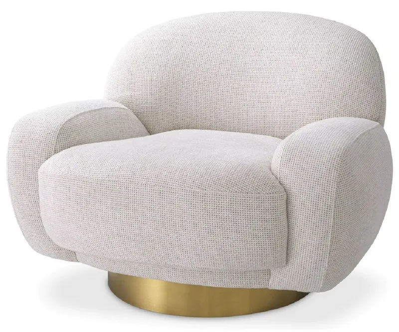 Casa Padrino Luxus Drehsessel Weiß / Messing 95 x 90 x H. 70 cm - Moderner Wohnzimmer Sessel - Luxus Wohnzimmer Möbel