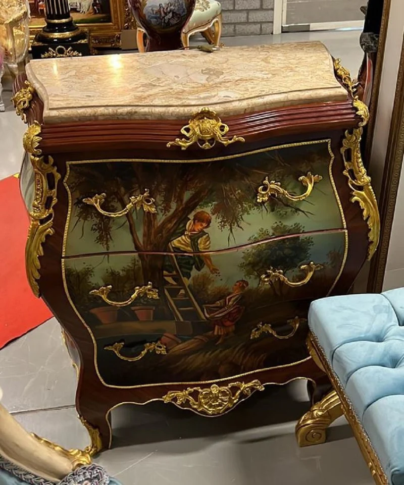 Casa Padrino Barock Kommode Braun / Gold / Mehrfarbbig / Cremefarben - Handgefertigte Massivholz Kommode mit 3 Schubladen und Marmorplatte - Barock Möbel