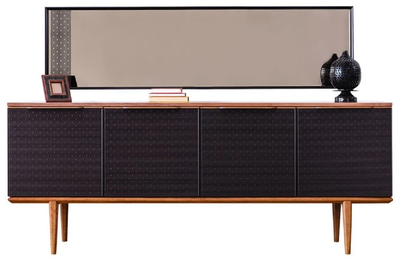 Casa Padrino Luxus Möbel Set Braun / Schwarz - 1 Sideboard mit 4 Türen & 1 Spiegel - Moderne Massivholz Möbel - Luxus Kollektion