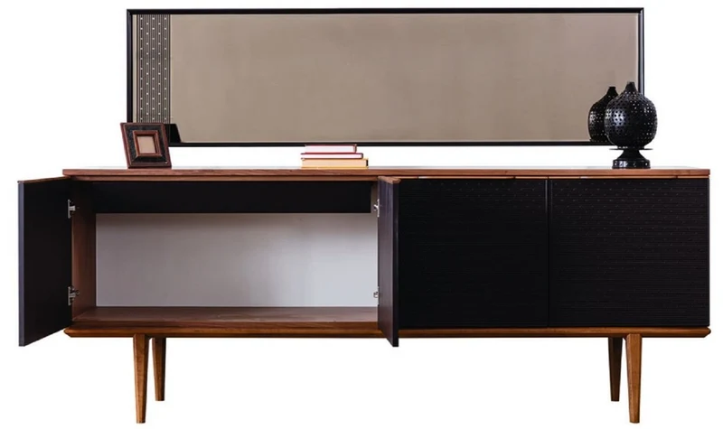 Casa Padrino Luxus Möbel Set Braun / Schwarz - 1 Sideboard mit 4 Türen & 1 Spiegel - Moderne Massivholz Möbel - Luxus Kollektion